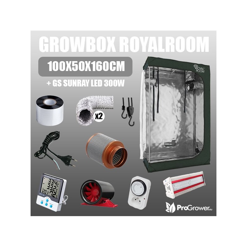 Komplettset: Growbox RoyalRoom 100x50x160cm + GS Sunray LED 300W