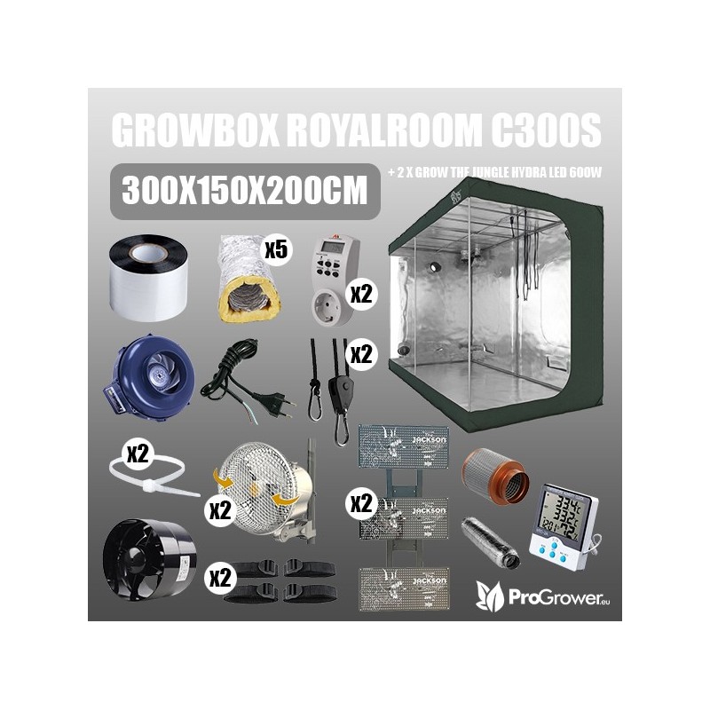 Complete Kit: Growbox RoyalRoom C300S 300x150x200cm + 2 x Grow The Jungle Hydra LED 600W