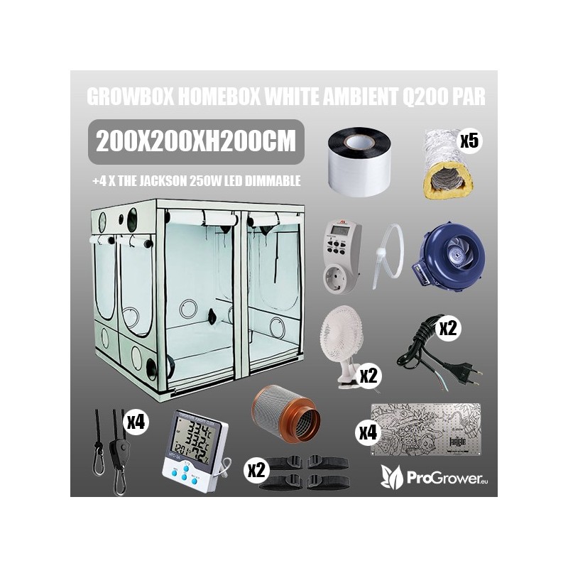 Zestaw do uprawy: Growbox HomeBox White Ambient Q200 PAR+ 200x200xh200cm + 4 x The Jackson 250W LED Dimmable