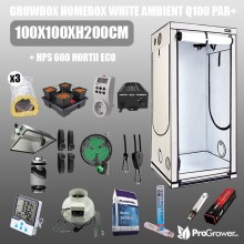 Komplettset: Growbox HomeBox White Ambient Q100 PAR+ 100x100xh200cm + HPS 600 HORTII Eco