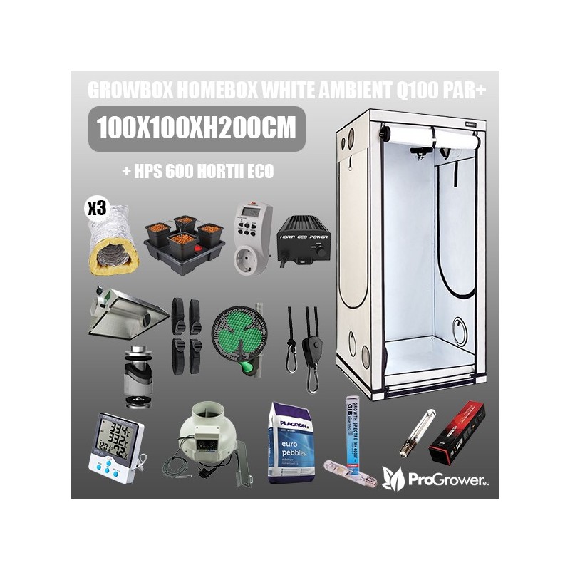 Complete Kit : Growbox HomeBox White Ambient Q100 PAR+ 100x100xh200cm + HPS 600 HORTII Eco