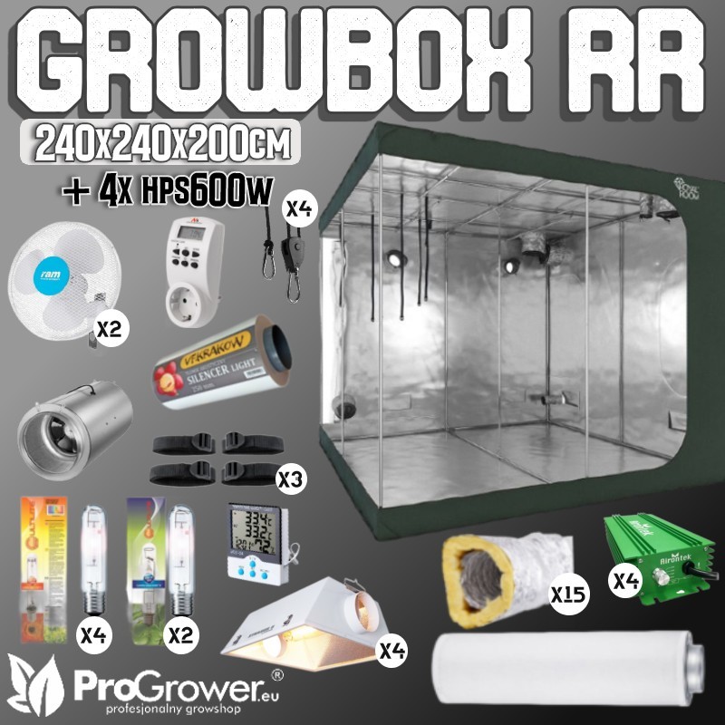 Komplettset: Growbox RoyalRoom C240 240x240x200cm + 4 x HPS 600