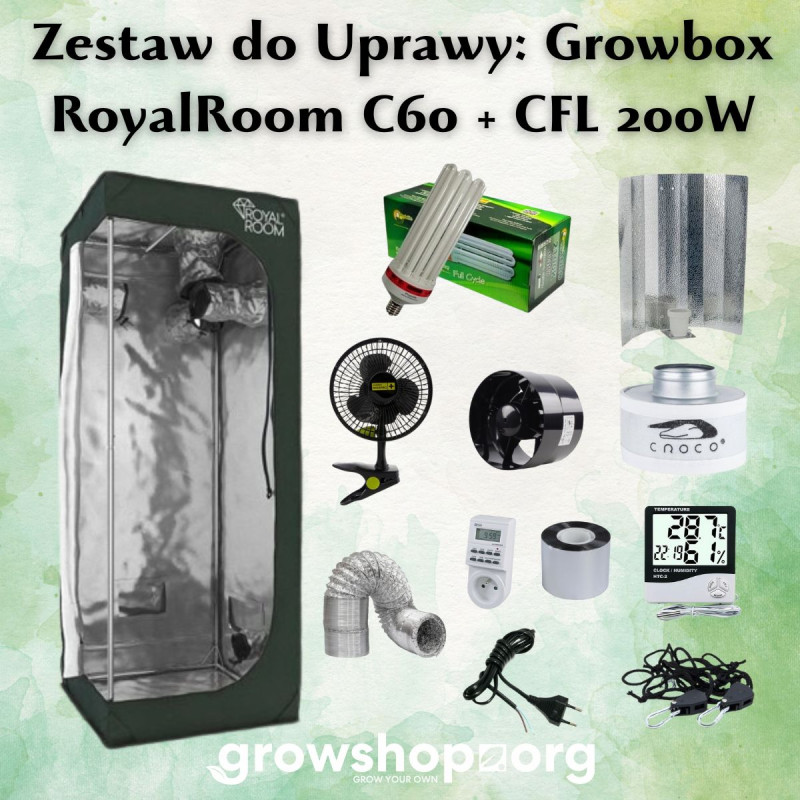 Zestaw do uprawy: Growbox RoyalRoom 60x60x160cm + CFL 200W