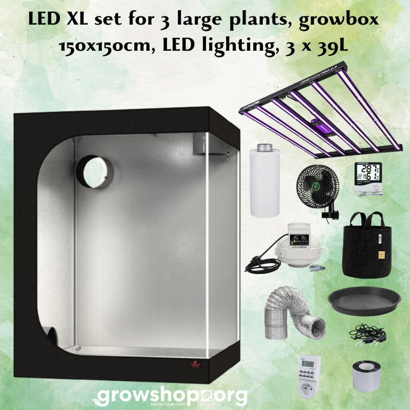 LED XL set for 3 large plants, growbox 150x150cm, LED lighting, 3 x 39L