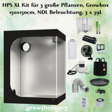 HPS XL Kit für 3 große Pflanzen, Growbox 150x150cm, NDL Beleuchtung, 3 x 39L